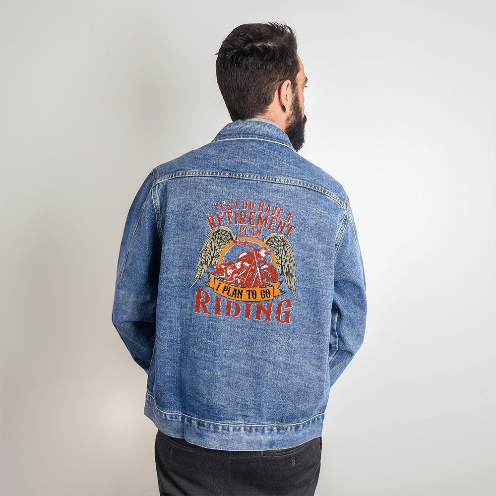Men's DTG Denim Jacket with custom back print design, worn by a person, showcasing retirement riding theme.