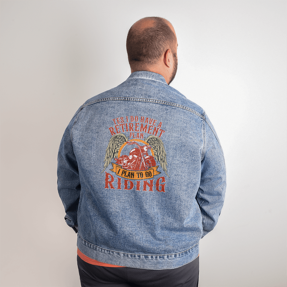 Men's DTG Denim Jacket with custom retirement plan riding design on the back.