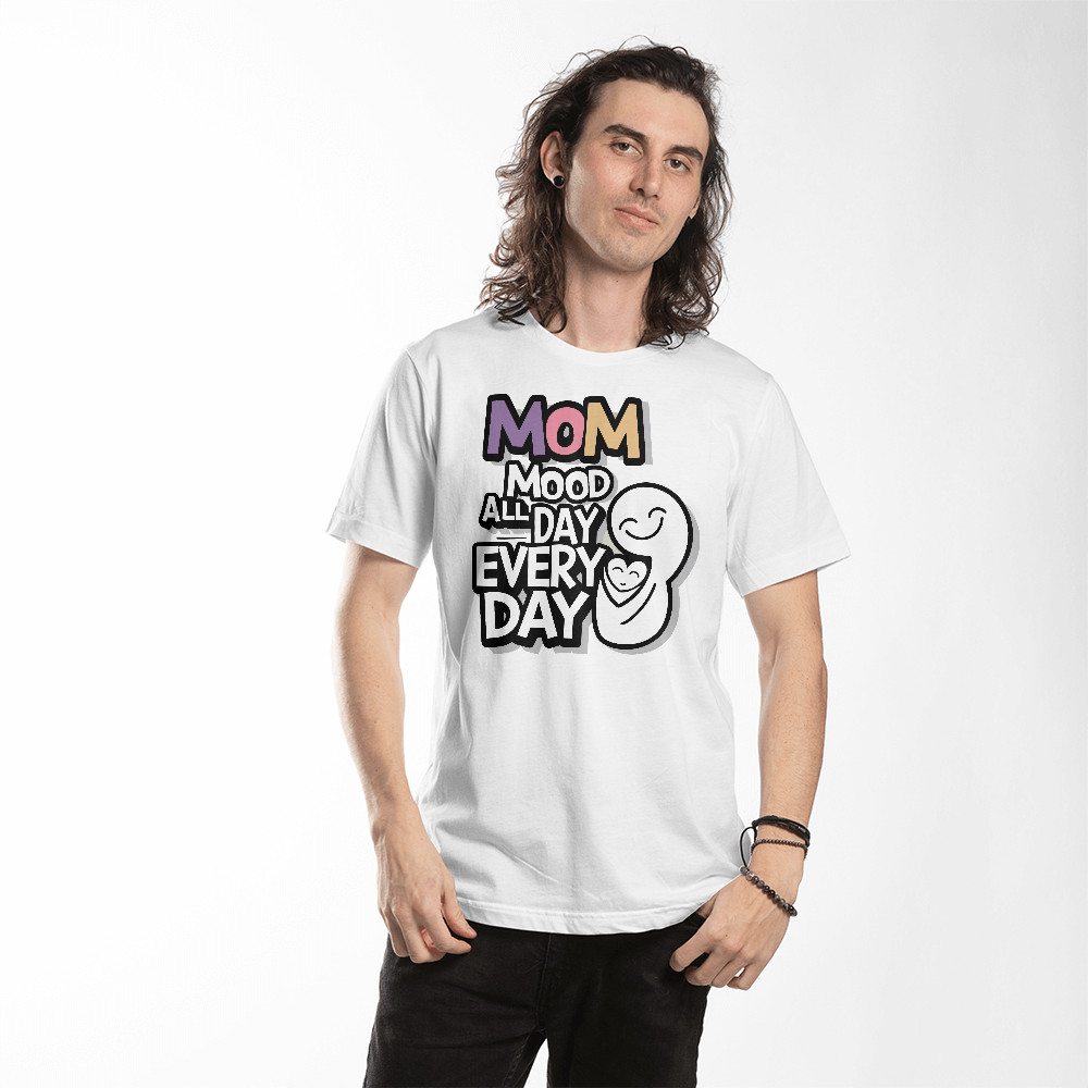 Unisex Bella Canvas 3001 tee with "Mom mood all day every day" print, comfortable and stylish fit.