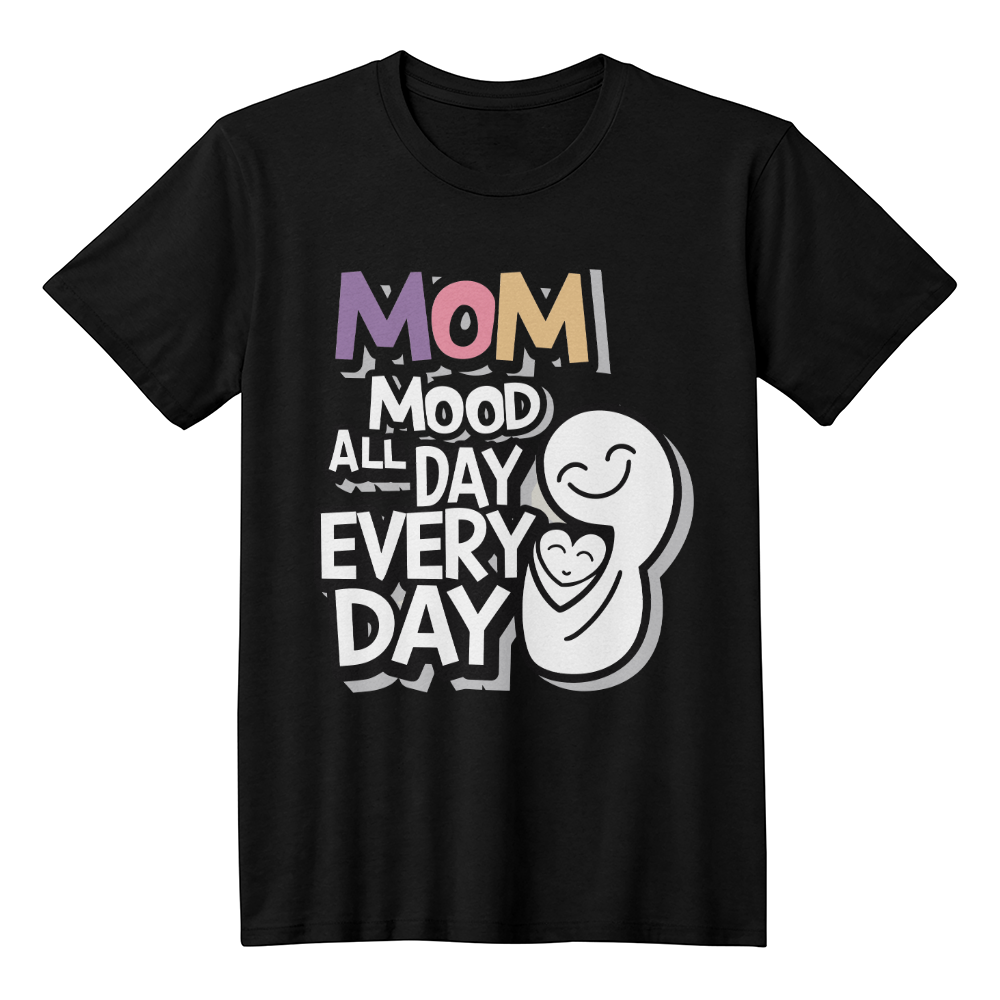 Bella Canvas 3001 unisex tee with "Mom Mood All Day Every Day" design, black crew neck, short sleeves.