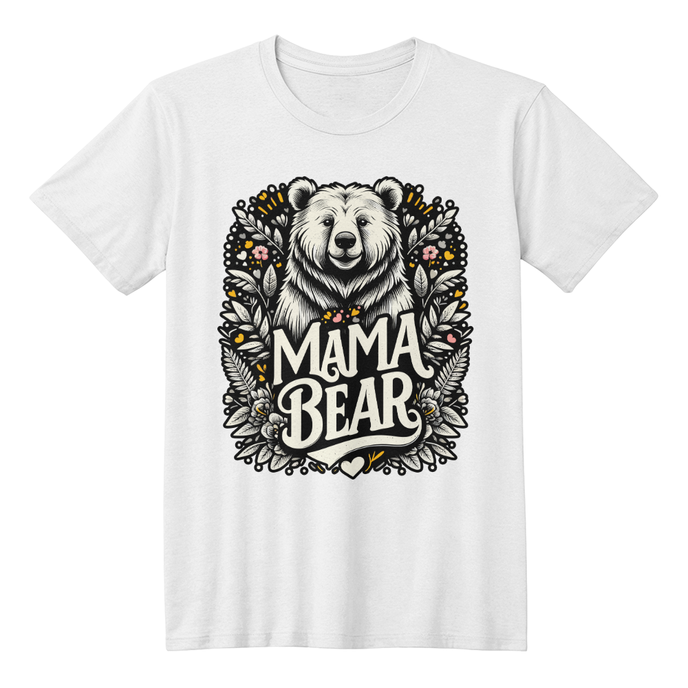 T-shirt with "Mama Bear" design, perfect gift for Mom or Grandma, featuring floral details, ideal for Mother's Day.