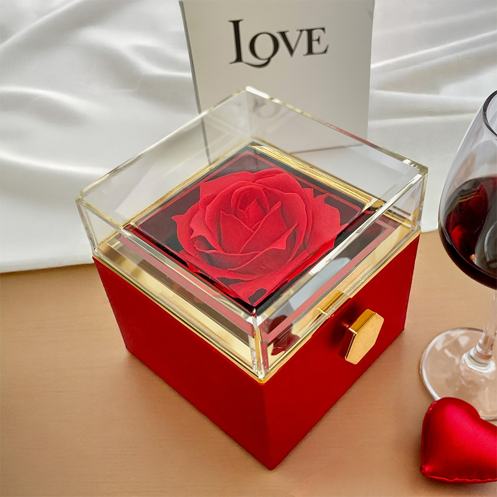 Love Knot Necklace gift box with preserved red rose and gold knob.