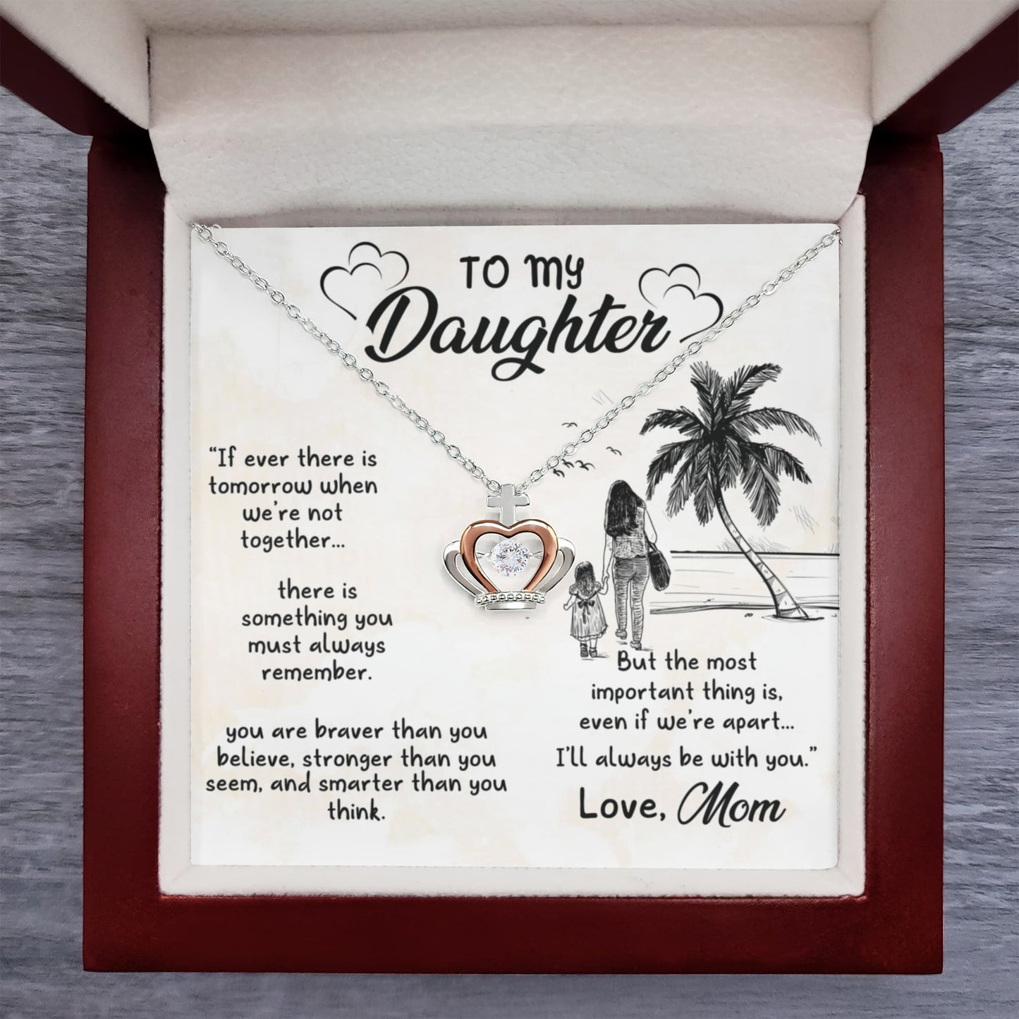 Crown Pendant Necklace in gift box with "To my daughter" message, featuring silver and rose gold tones and cubic zirconia.