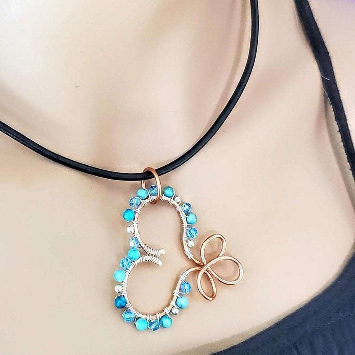 Copper Turquoise Wire Sculpted Heart Necklace - Toddcraft