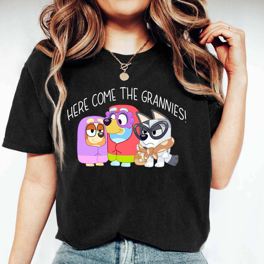 Bluey Family "Here Come The Grannies" T-Shirt featuring cartoon characters, black background.