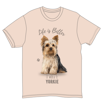 Unisex Yorkie Pet Lover T-Shirt with realistic Yorkie print, 100% cotton.