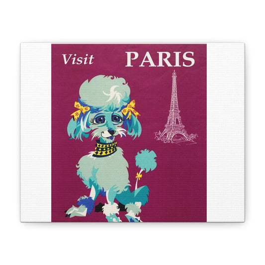 Visit Paris in Style Vintage Travel Poster Featuring Chic Poodle with Yellow Bows on Purple Background Matte Canvas, Stretched, 1.25" - Toddcraft