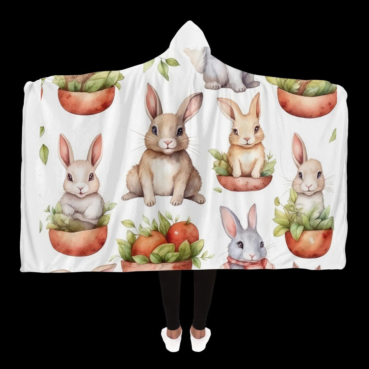 Bunny Hooded Blanket Micro Fleece Cozy Animal Print Wearable Throw for Kids & Adults Soft Warm Gift - Toddcraft