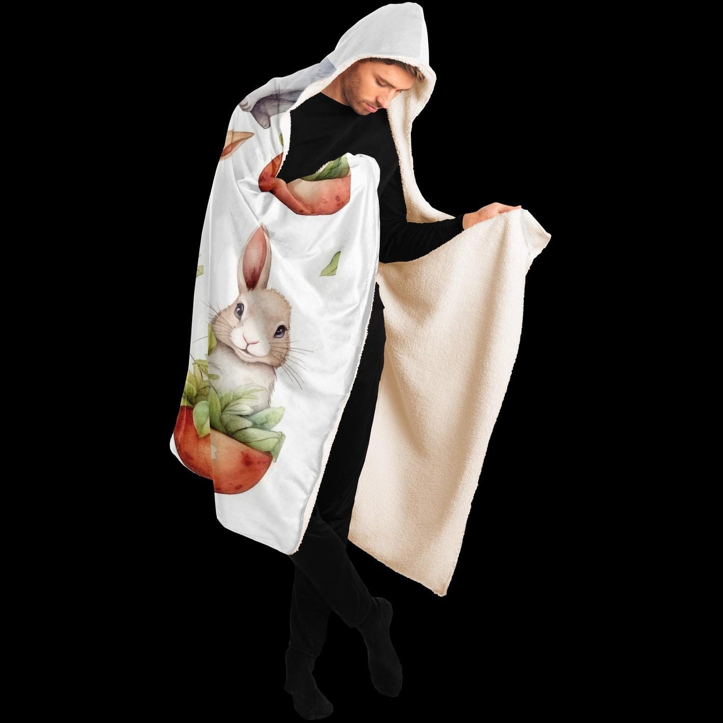 Bunny Hooded Blanket Micro Fleece Cozy Animal Print Wearable Throw for Kids & Adults Soft Warm Gift - Toddcraft