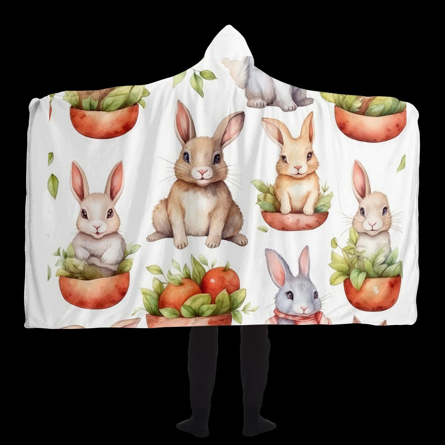 Bunny Hooded Blanket Micro Fleece Cozy Animal Print Wearable Throw for Kids & Adults Soft Warm Gift - Toddcraft