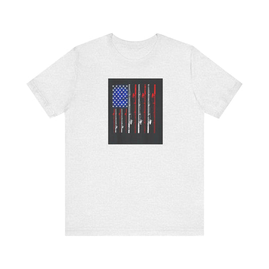 Fishing Rods T-Shirt with American Flag Background, Unisex Jersey Tee, Perfect Fathers Day Gift from Mom & Kids - Toddcraft