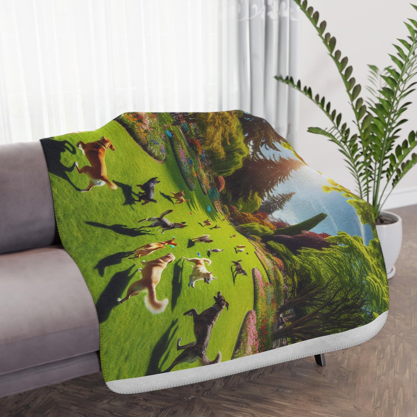 Tan Sherpa Blanket with Dogs in Sunny Dog Park Design - Cozy, Soft & Warm Throw for Pet Lovers - Toddcraft