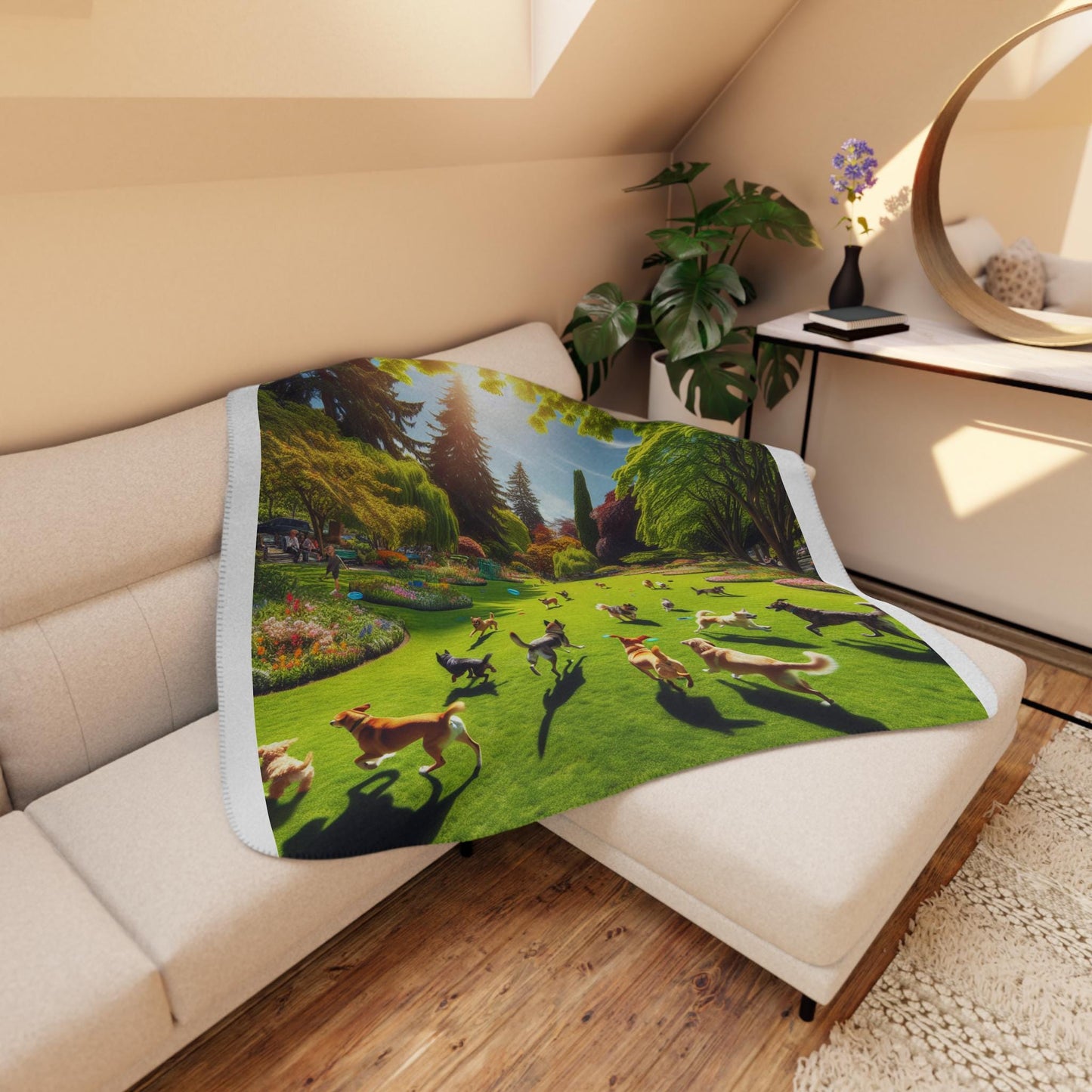 Tan Sherpa Blanket with Dogs in Sunny Dog Park Design - Cozy, Soft & Warm Throw for Pet Lovers - Toddcraft