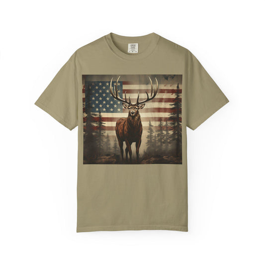 Elk & American Flag Tee Perfect for Hunters, Campers, Outdoorsmen Nature Lovers | Vintage Garment-Dyed Unisex Shirt - Toddcraft