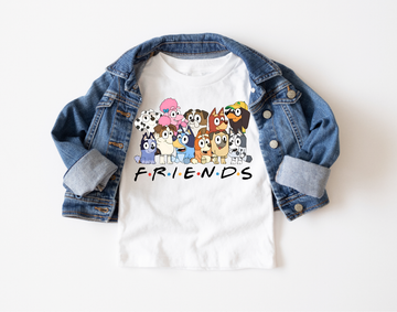 Friends Bluey Kids Tee Shirt with character print and denim jacket.