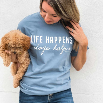 Comfort Wash Graphic Tee in saltwater color with "Life Happens Dogs Help" text, unisex fit.