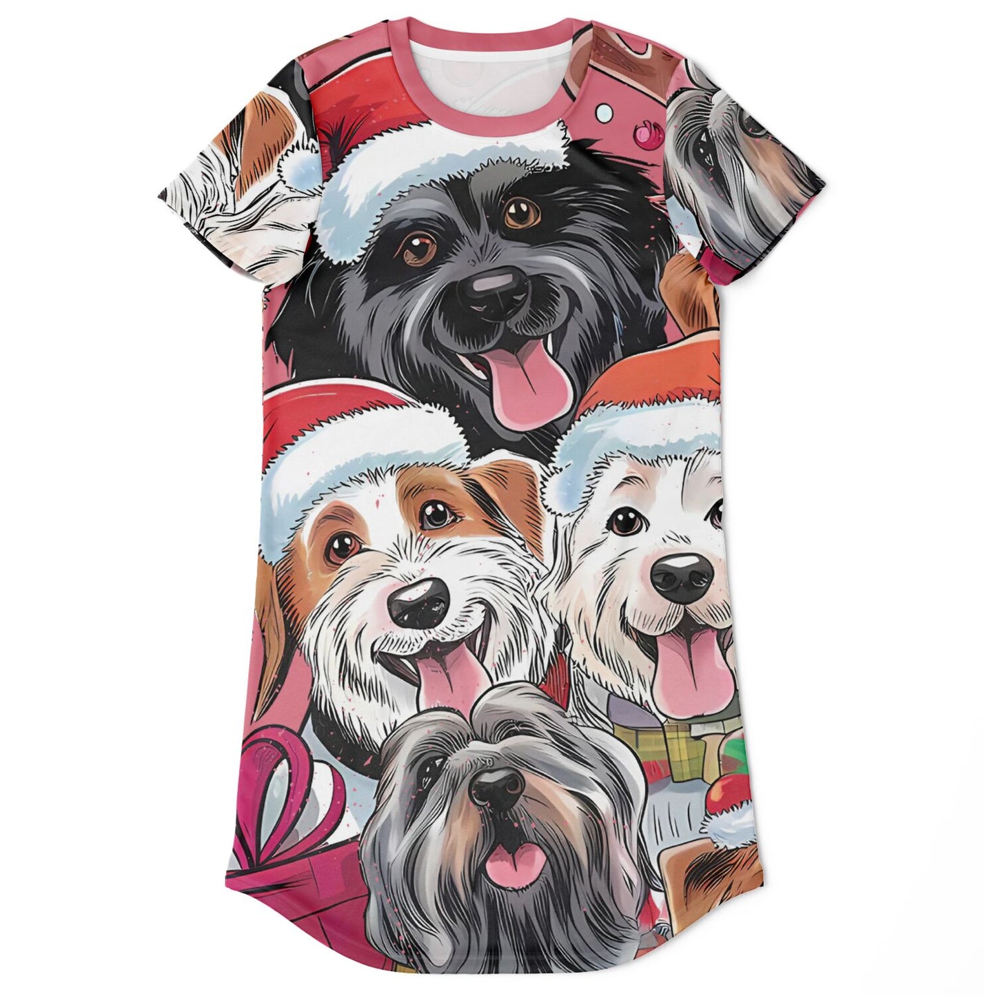 Christmas Dogs AOP T-Shirt Dress – Festive All-Over Print Holiday Style