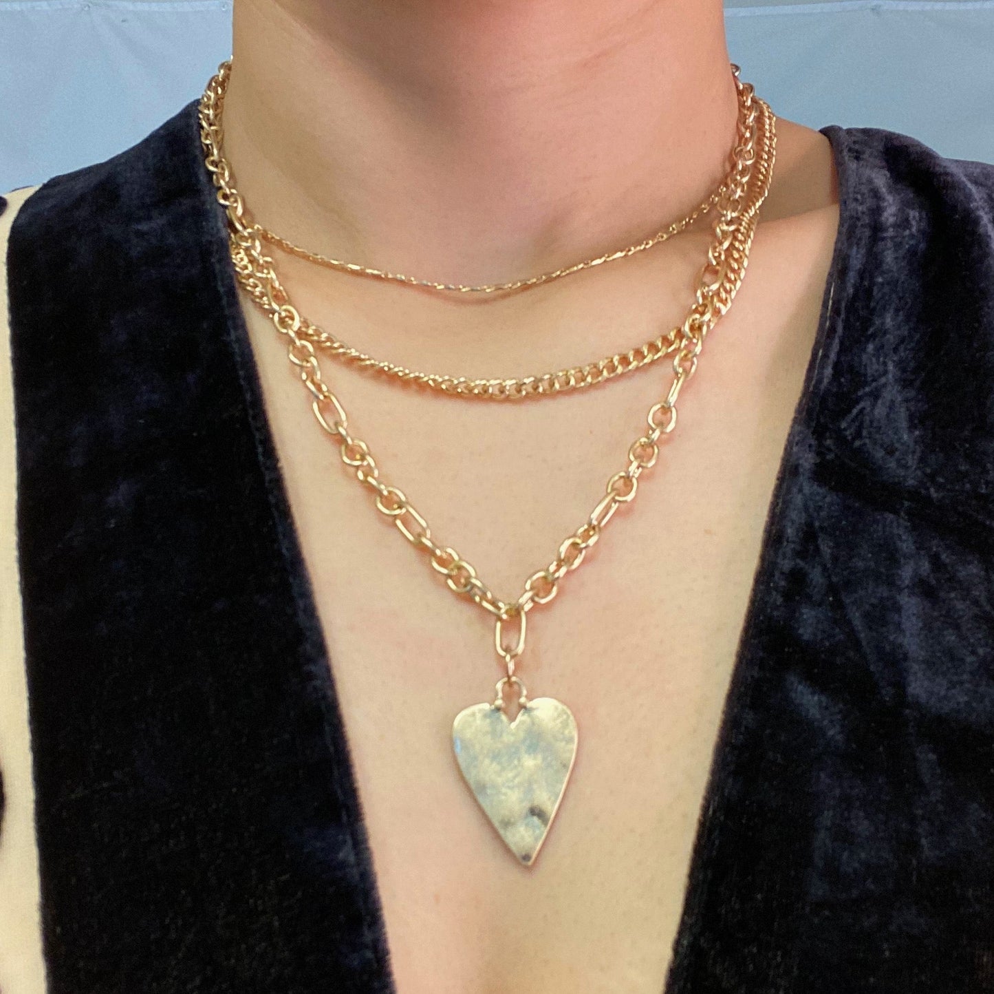 Heart Charm Layered Chain Necklace Set Of 3 - Toddcraft