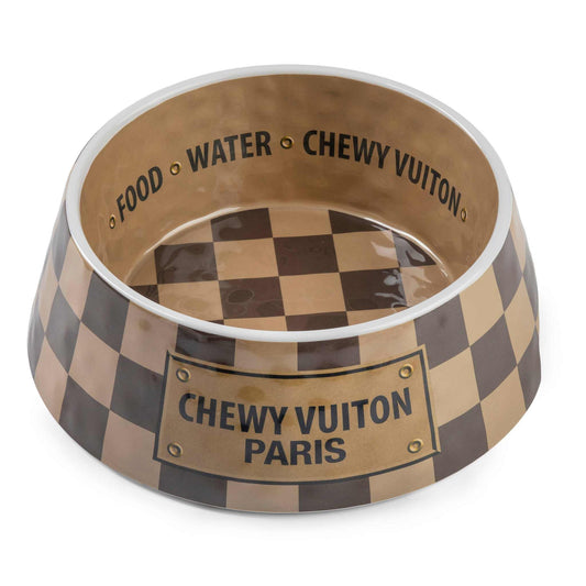 Checker Chewy Vuiton dog bowl with stylish checker pattern, available in three sizes, featuring chip-resistant melamine and non-skid bottom.