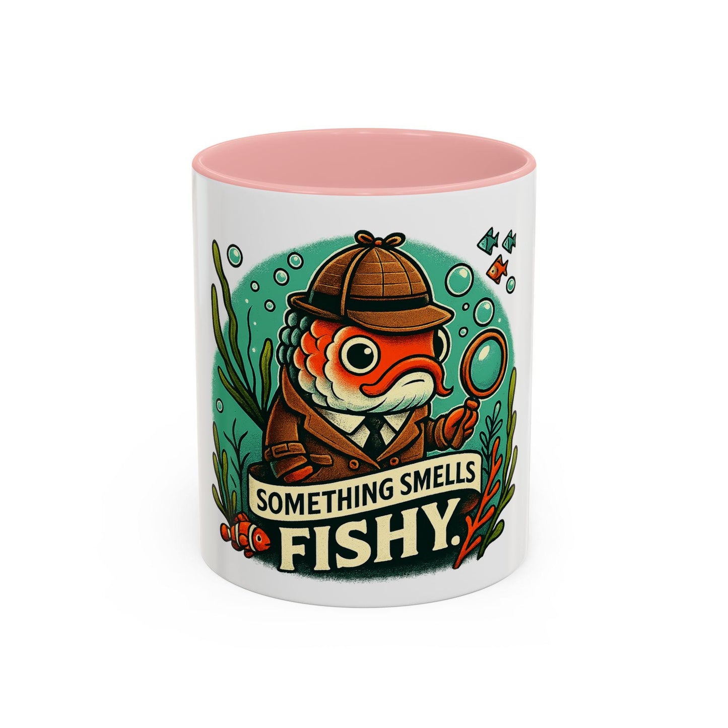 something smells fishy Accent Coffee Mug (11, 15oz) fish dressed up as a detective with a trench coat and hat underwater funny fish graghic