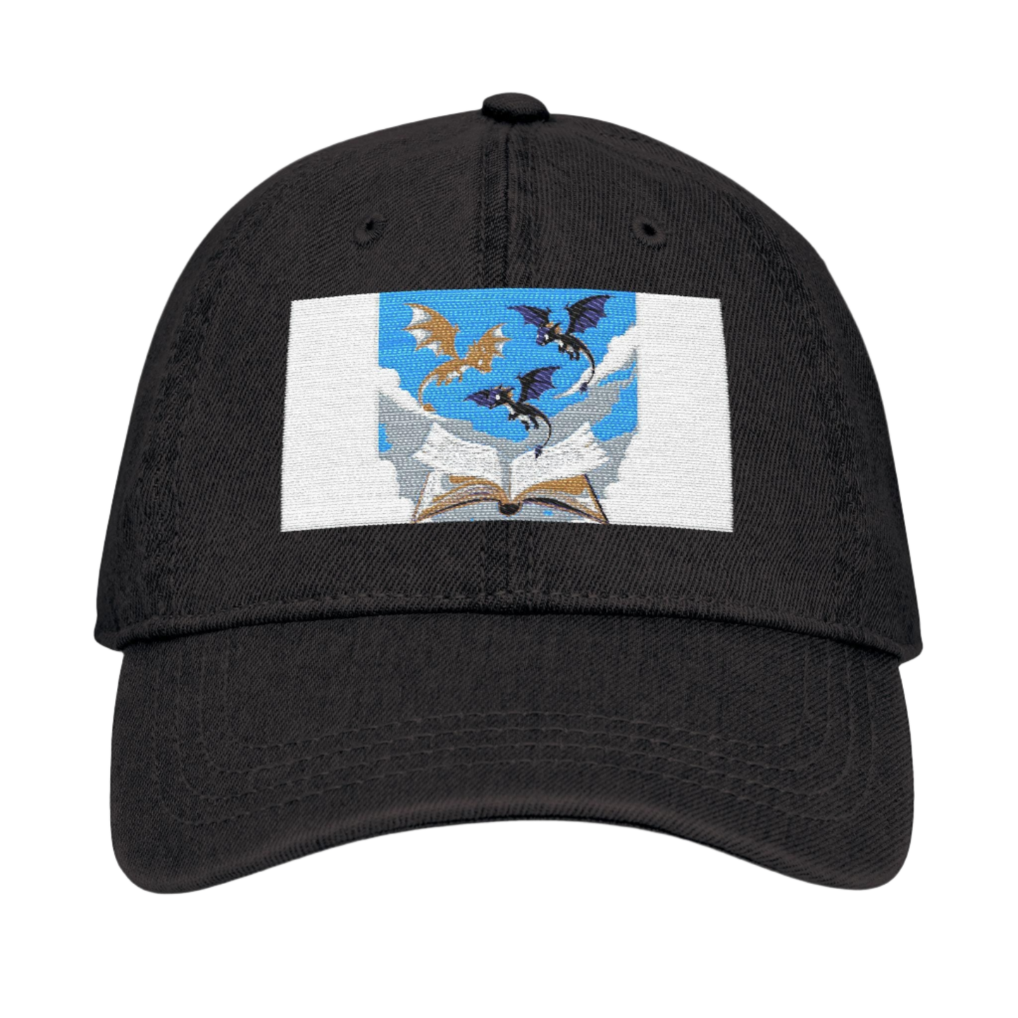 Denim Hat with Embroidered Flying Bats Open Book Design Symbol of Rebirth Death, Gothic Vintage Style Cap