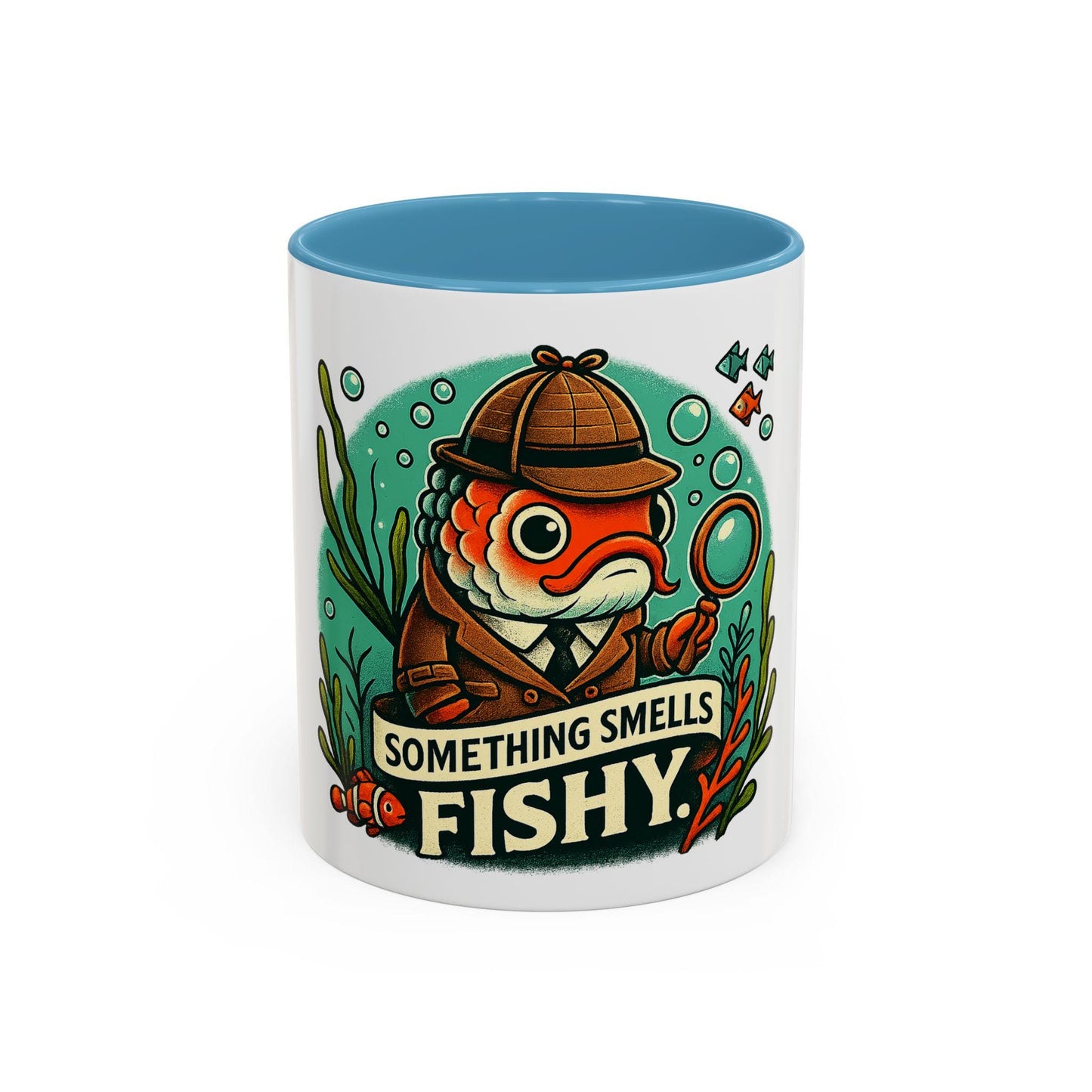 something smells fishy Accent Coffee Mug (11, 15oz) fish dressed up as a detective with a trench coat and hat underwater funny fish graghic