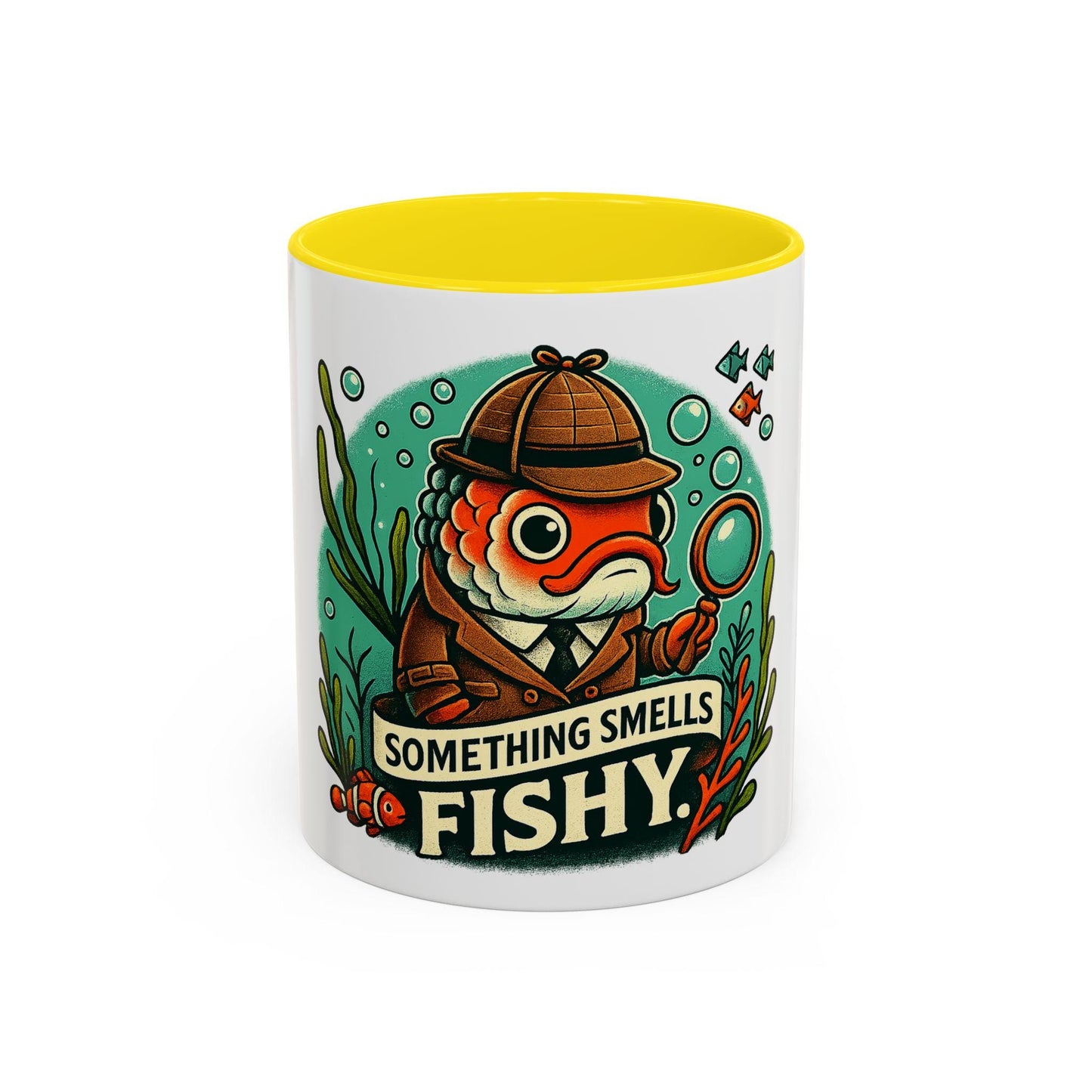 something smells fishy Accent Coffee Mug (11, 15oz) fish dressed up as a detective with a trench coat and hat underwater funny fish graghic