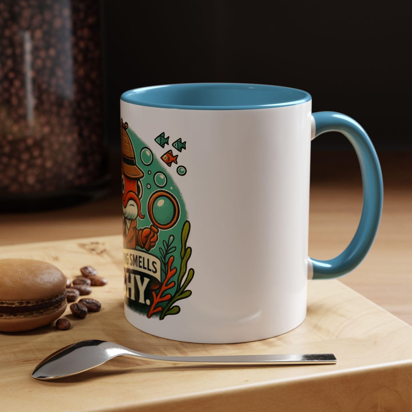 something smells fishy Accent Coffee Mug (11, 15oz) fish dressed up as a detective with a trench coat and hat underwater funny fish graghic