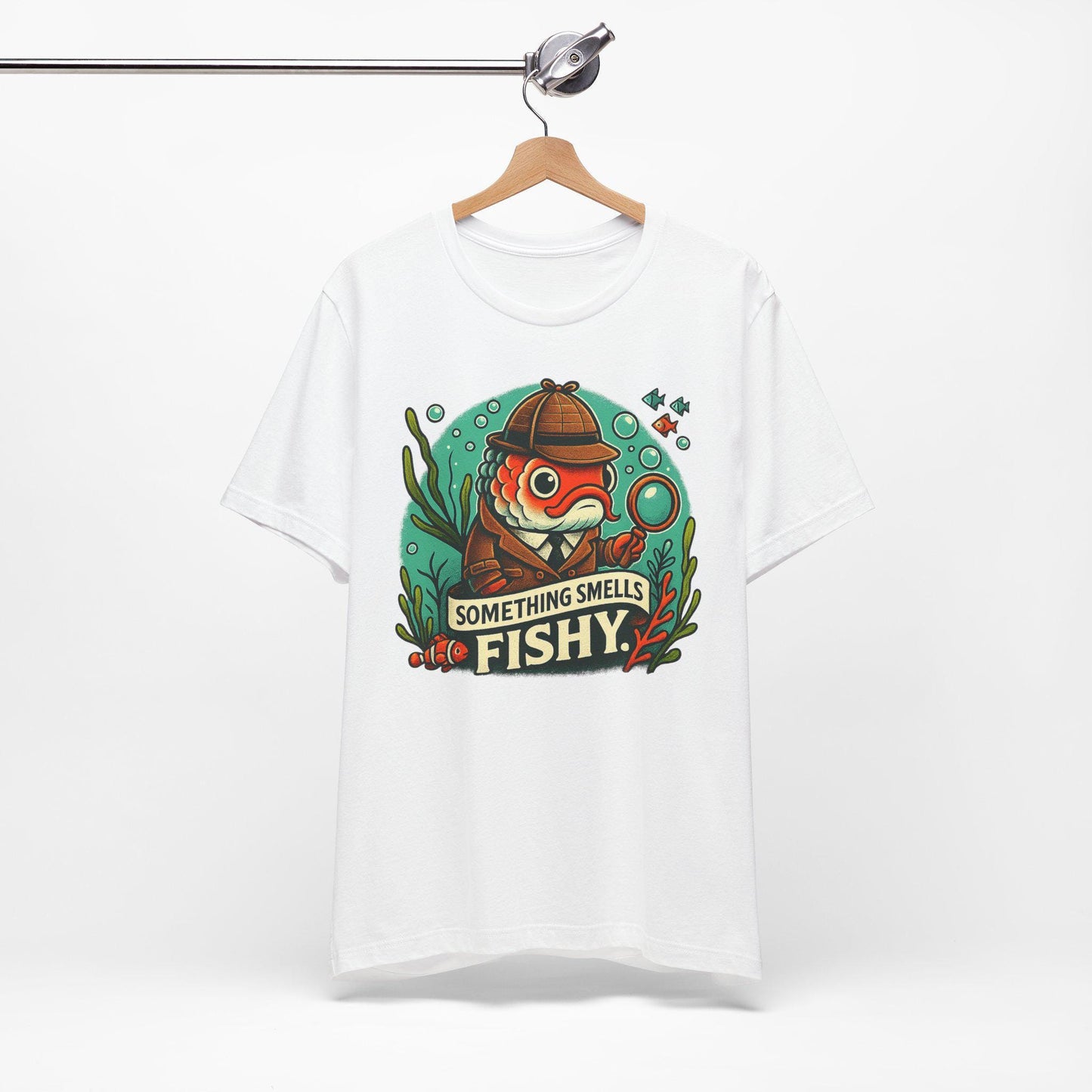 Something smells fishy Unisex Jersey Short Sleeve Tee Fish dressed up as a detective with a magnifying glass underwater fish swimming by. - Toddcraft