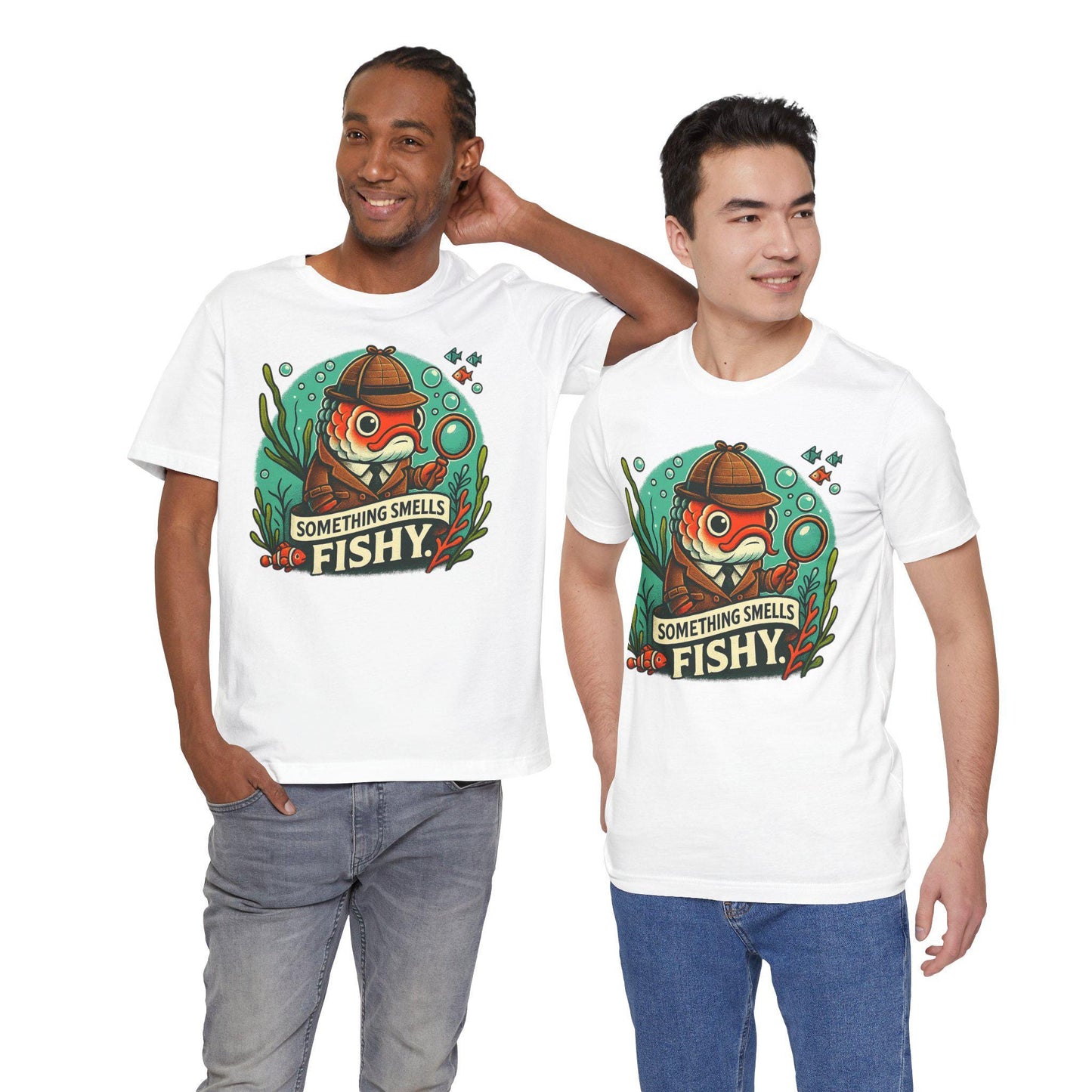 Something smells fishy Unisex Jersey Short Sleeve Tee Fish dressed up as a detective with a magnifying glass underwater fish swimming by. - Toddcraft