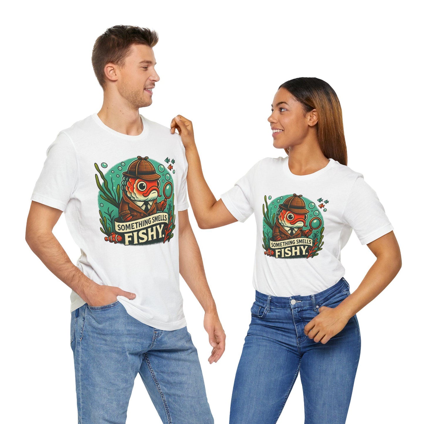 Something smells fishy Unisex Jersey Short Sleeve Tee Fish dressed up as a detective with a magnifying glass underwater fish swimming by. - Toddcraft