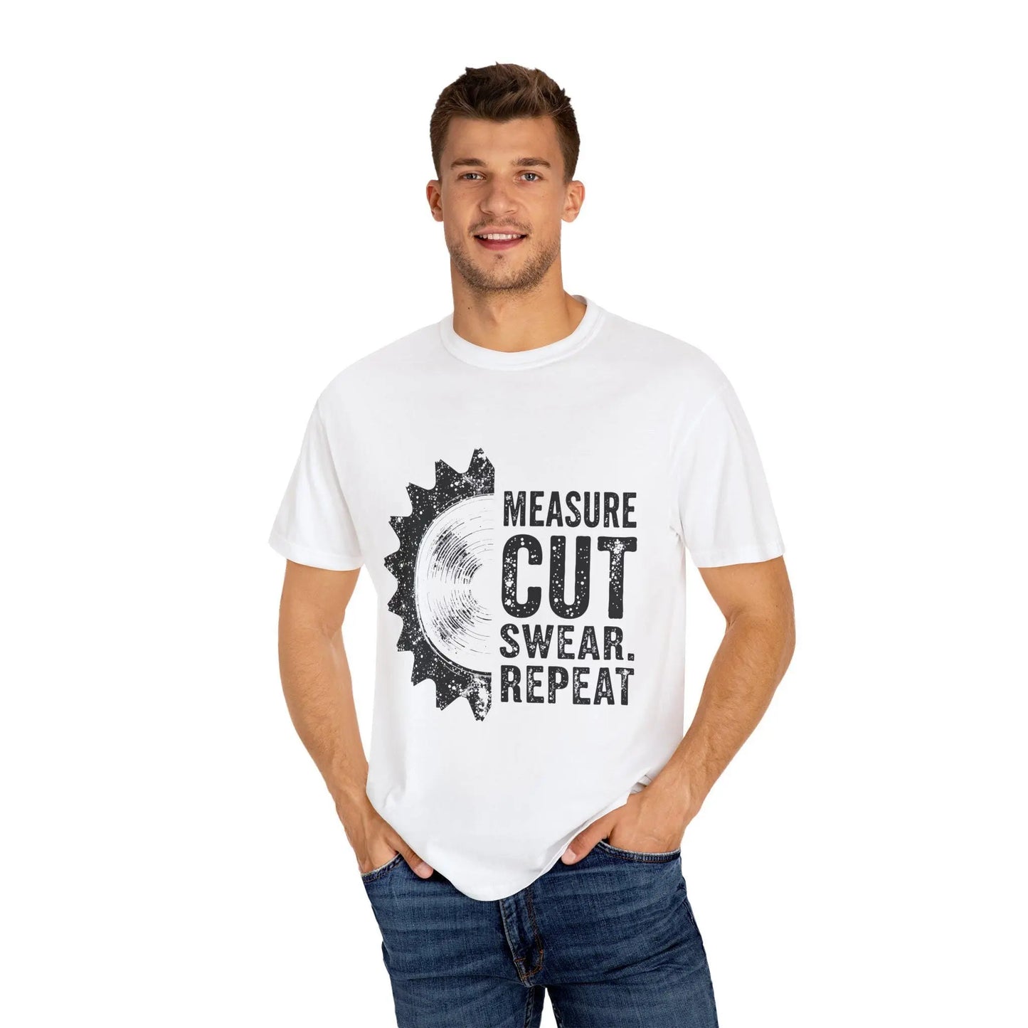Measure Cut Swear Repeat Woodworking T-Shirt - Carpenter Work Shirt Gift for Dad & Grandpa, Unisex Garment-Dyed Tee - Toddcraft