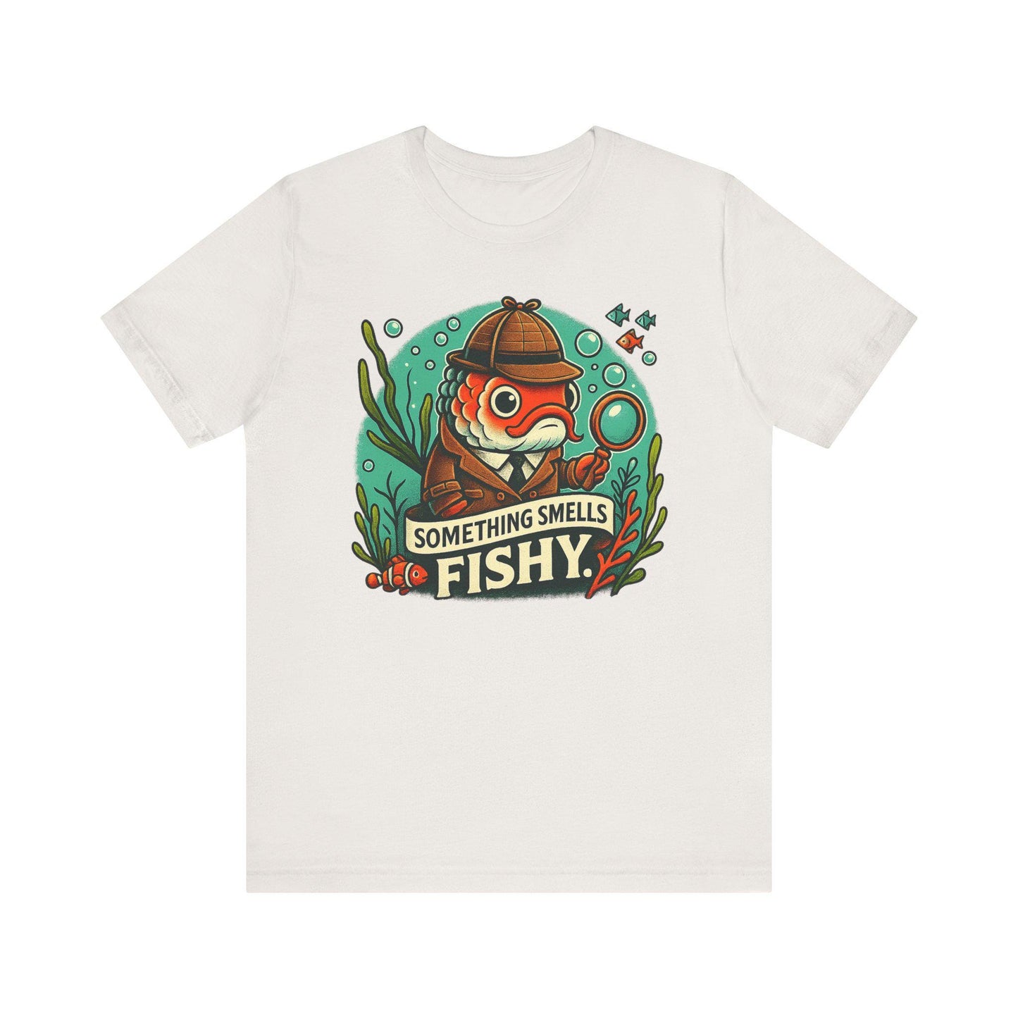 Something smells fishy Unisex Jersey Short Sleeve Tee Fish dressed up as a detective with a magnifying glass underwater fish swimming by. - Toddcraft