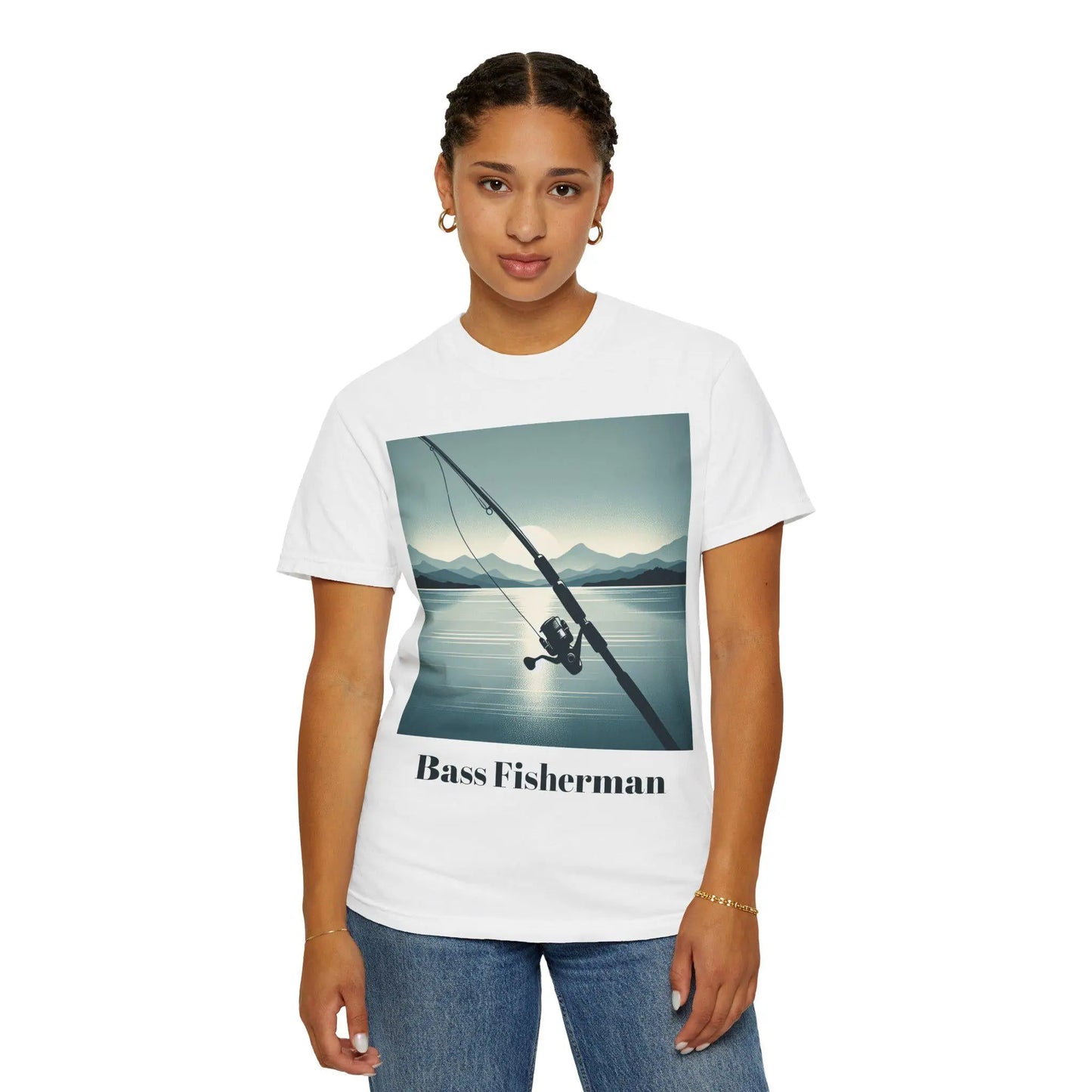 Bass Fisherman T-Shirt Unisex Garment-Dyed Fishing Tee with Rod & Beautiful Lake Scenery Outdoor Shirt - Toddcraft
