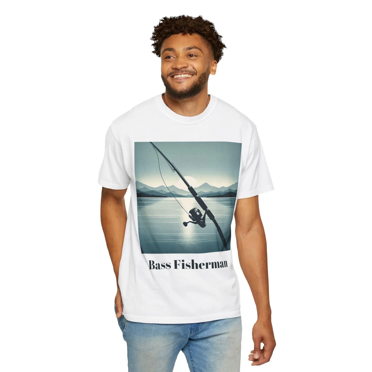 Bass Fisherman T-Shirt Unisex Garment-Dyed Fishing Tee with Rod & Beautiful Lake Scenery Outdoor Shirt - Toddcraft