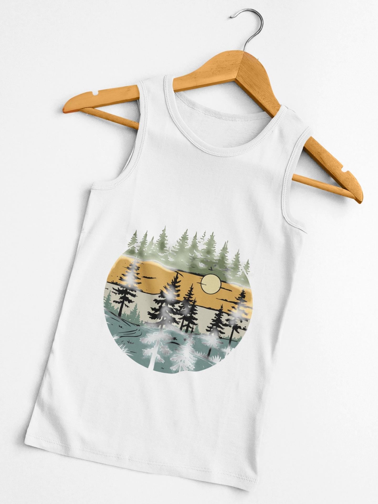 Vintage Retro Forest Trees Unisex Jersey Tank Top, Nature Outdoors Womens Sleeveless Shirt, Casual Summer Graphic Tee
