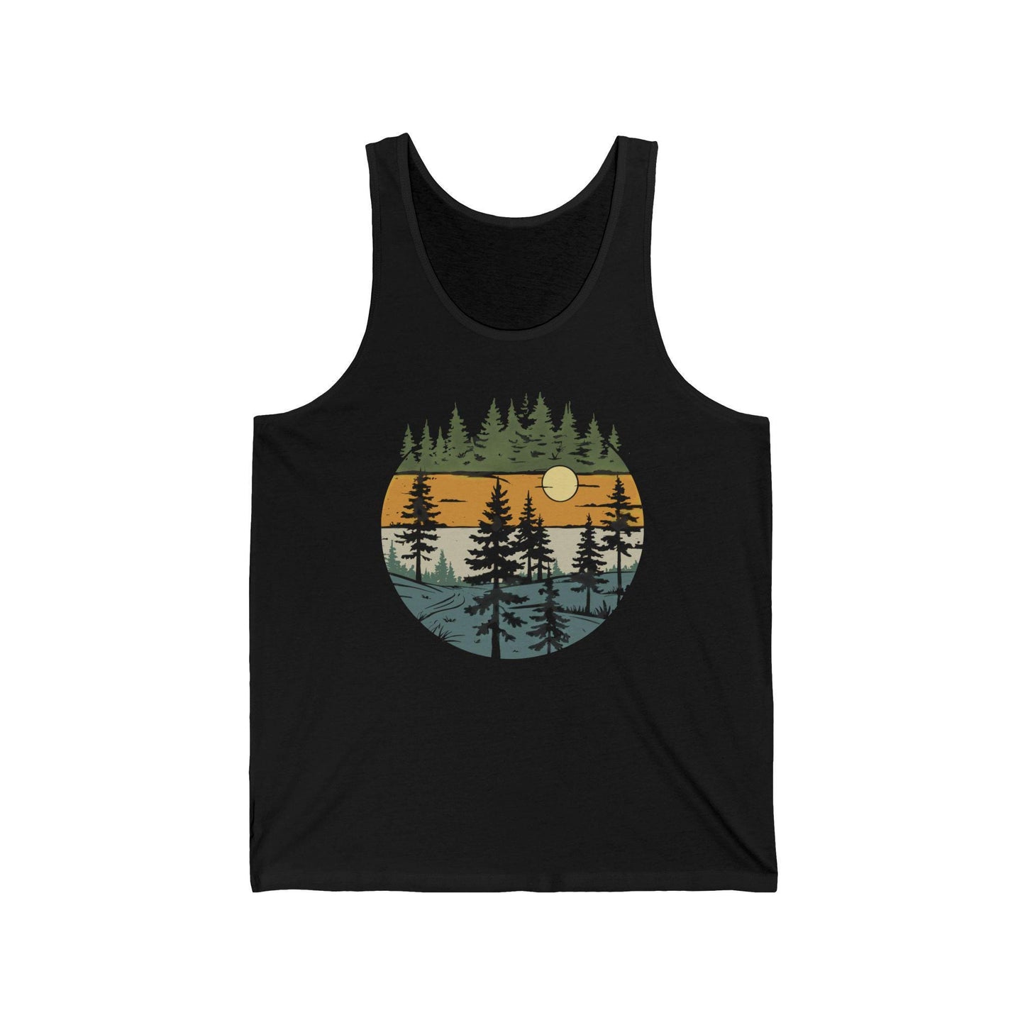 Vintage Retro Forest Trees Unisex Jersey Tank Top, Nature Outdoors Womens Sleeveless Shirt, Casual Summer Graphic Tee