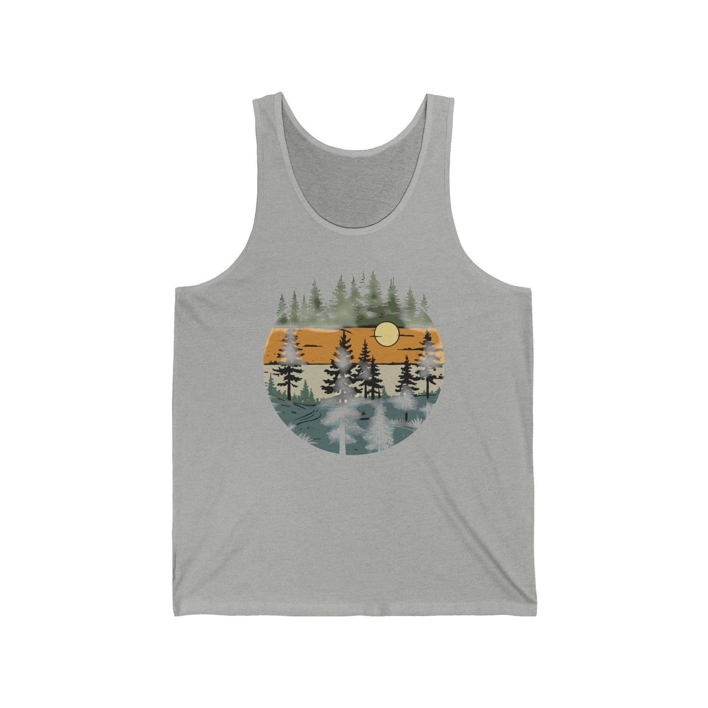 Vintage Retro Forest Trees Unisex Jersey Tank Top, Nature Outdoors Womens Sleeveless Shirt, Casual Summer Graphic Tee