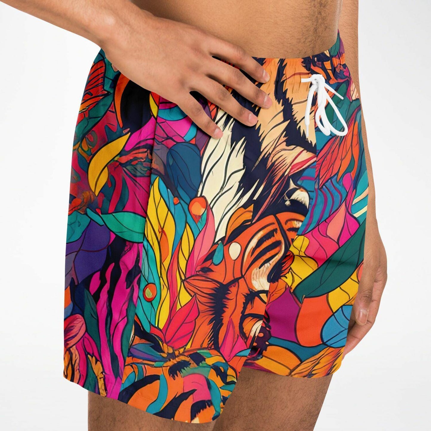 Tiger Print Swim Trunks Men Bright Colored All-Over Print Beach Shorts Quick Dry Summer Swimwear