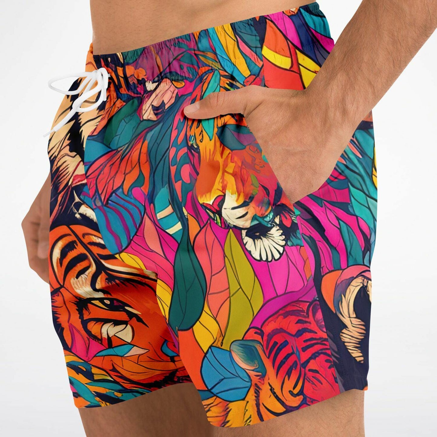 Tiger Print Swim Trunks Men Bright Colored All-Over Print Beach Shorts Quick Dry Summer Swimwear