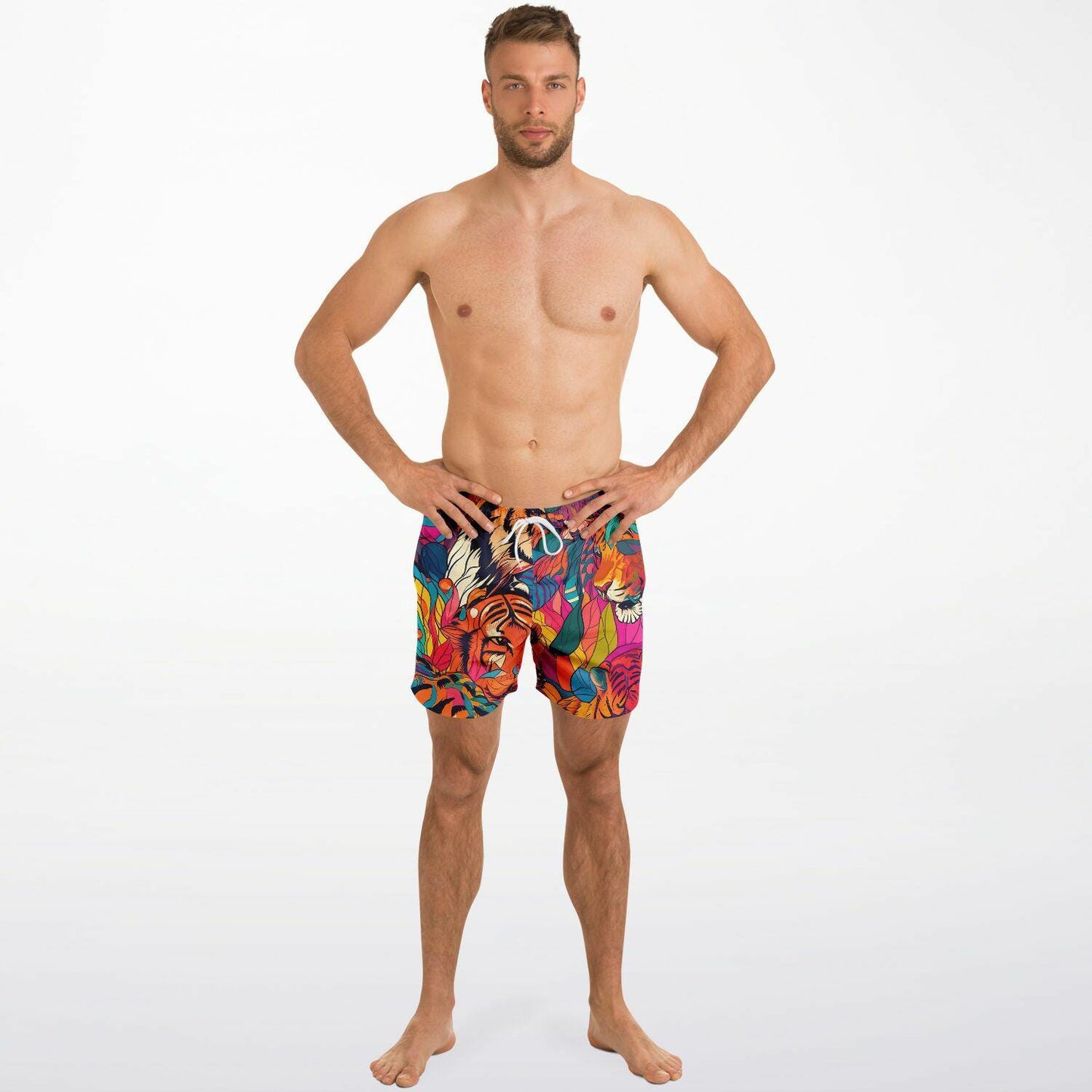 Tiger Print Swim Trunks Men Bright Colored All-Over Print Beach Shorts Quick Dry Summer Swimwear