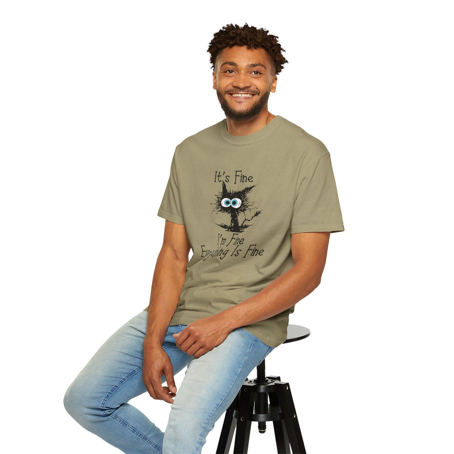 Funny Scared Cat T-Shirt I'm Fine Everything Is Fine Coffee Cup Graphic Unisex Garment-Dyed Tee 11oz & 15oz Gift - Toddcraft