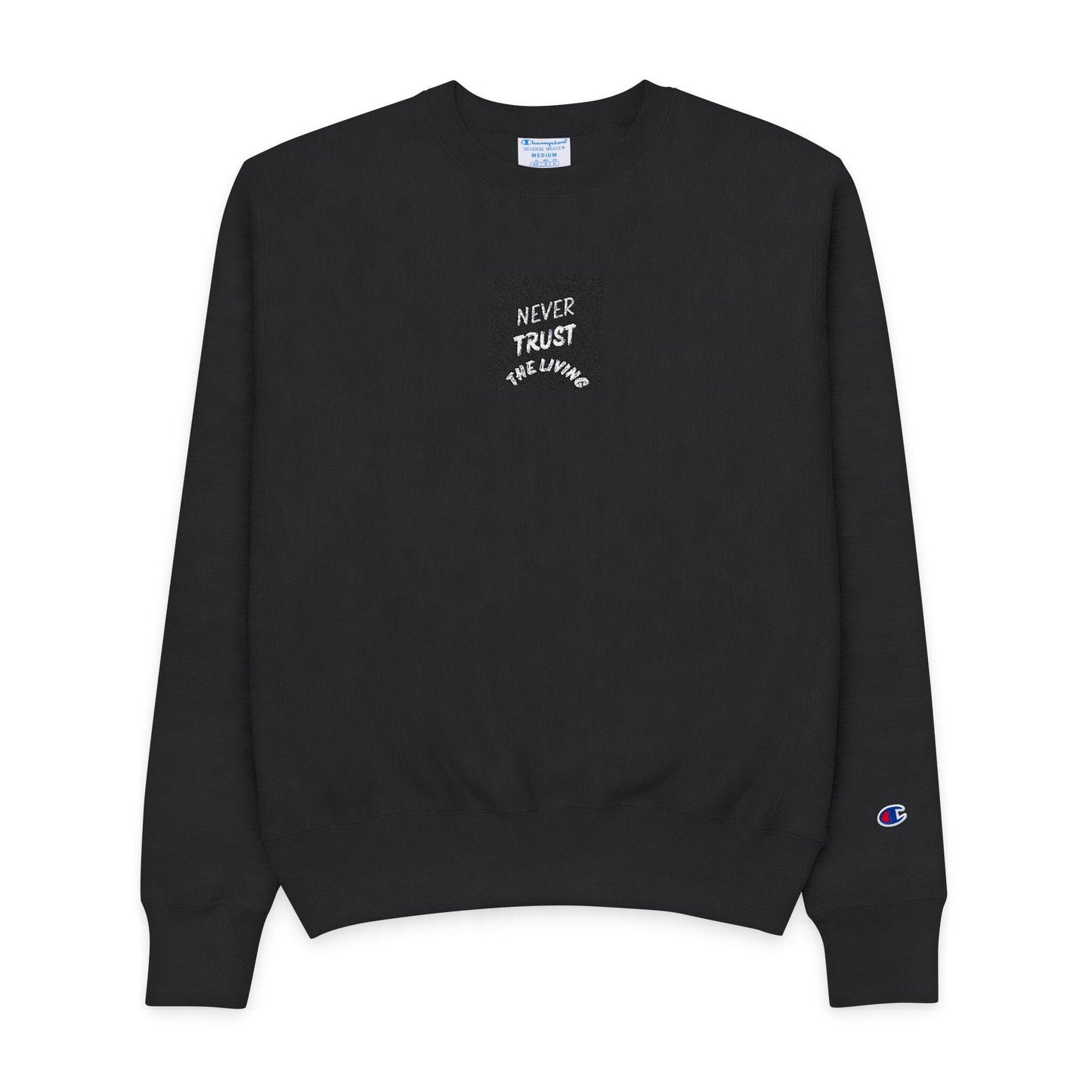 Never Trust the Living Men's Champion Crewneck Sweatshirt Spooky Family Saying Gift for Mom & Dad Halloween Pullover - Toddcraft