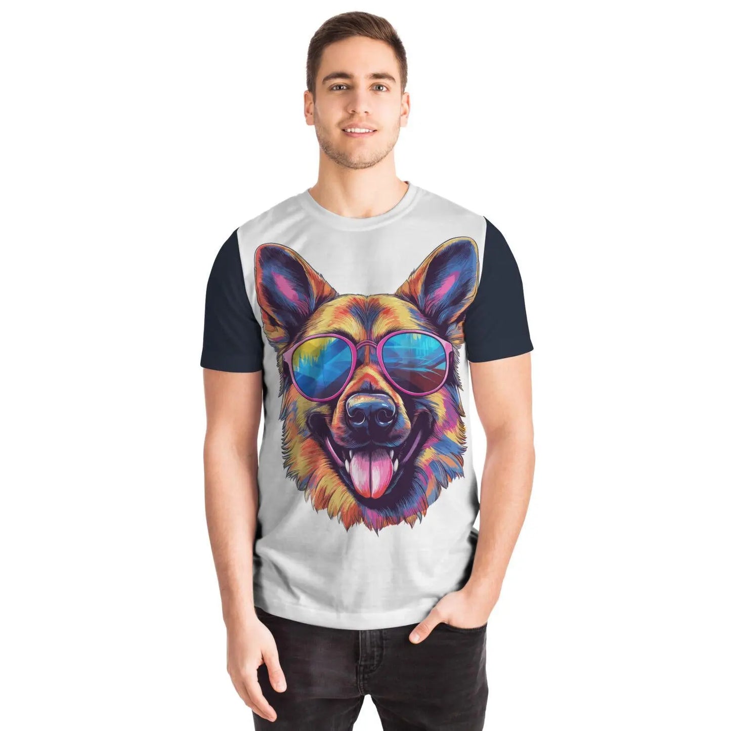 Cool German Shepherd in Sunglasses Colorful Vibrant Graphic T-Shirt for Sublimation - Toddcraft