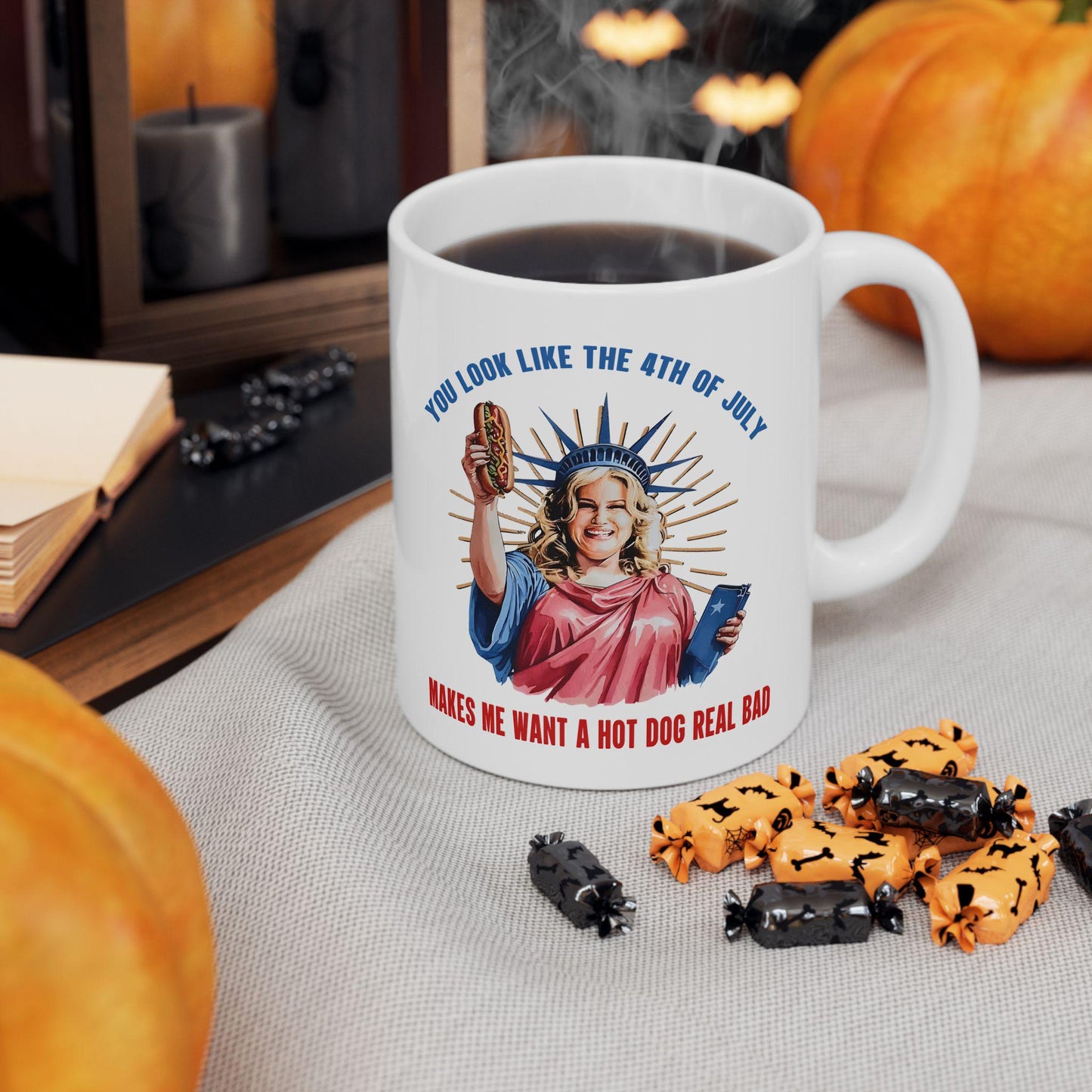 4th of July Ceramic Mug 11oz & 15oz Patriotic Independence Day Coffee Cup Makes Me Want a Hotdog