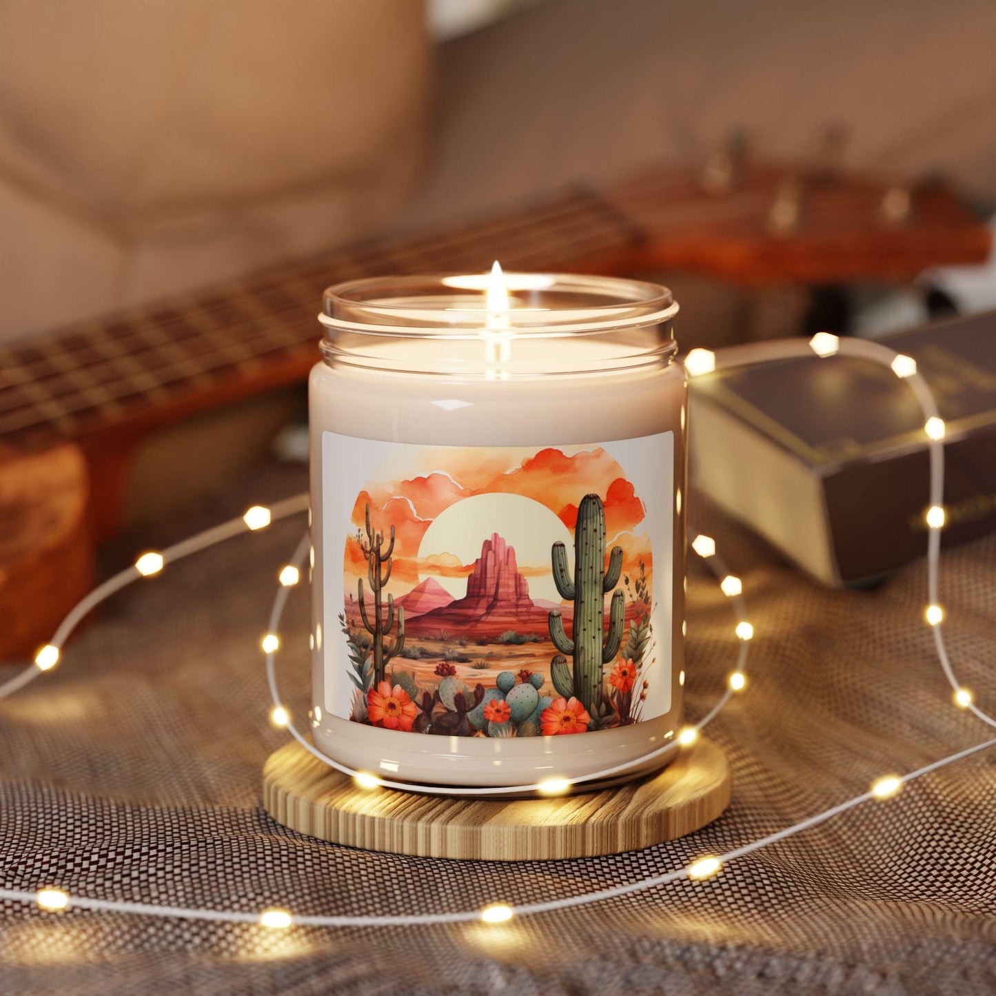 Scented Soy Candle 9oz - Flowery Desert Landscape & Blooming Cactus Aroma, Natural Handmade Home Decor Gift