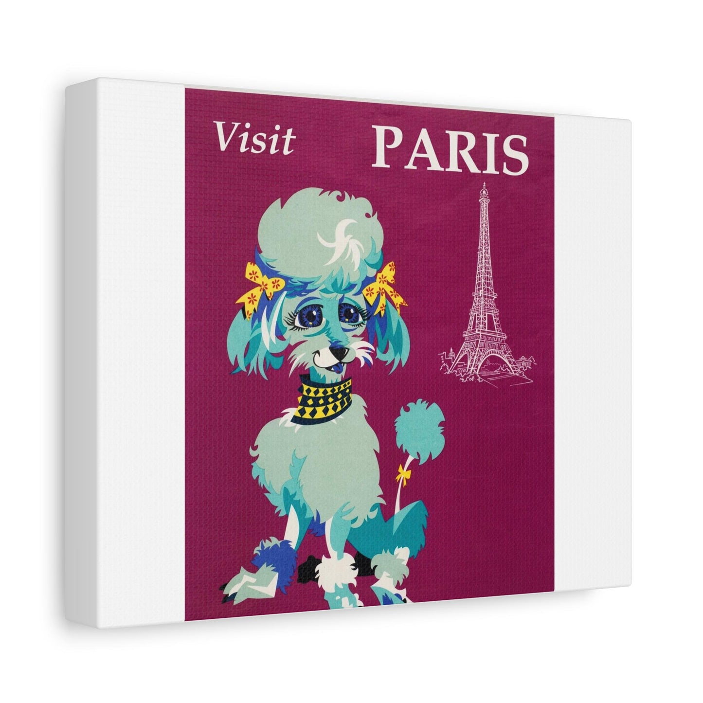 Visit Paris in Style Vintage Travel Poster Featuring Chic Poodle with Yellow Bows on Purple Background Matte Canvas, Stretched, 1.25" - Toddcraft