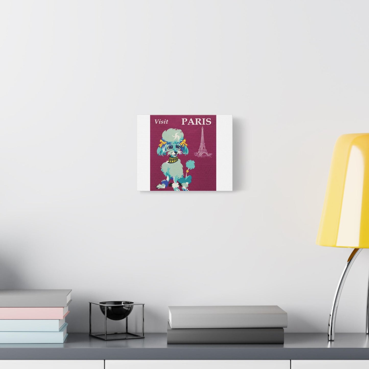 Visit Paris in Style Vintage Travel Poster Featuring Chic Poodle with Yellow Bows on Purple Background Matte Canvas, Stretched, 1.25" - Toddcraft
