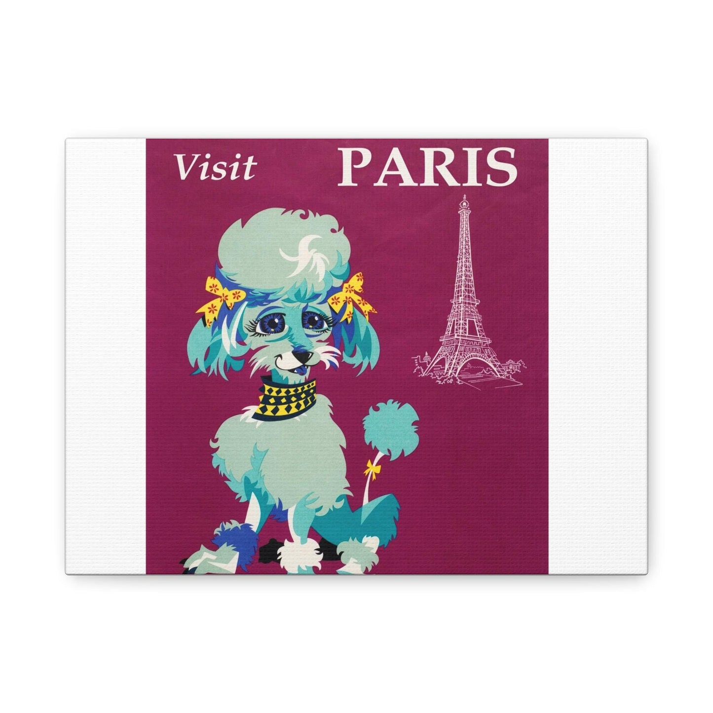 Visit Paris in Style Vintage Travel Poster Featuring Chic Poodle with Yellow Bows on Purple Background Matte Canvas, Stretched, 1.25" - Toddcraft