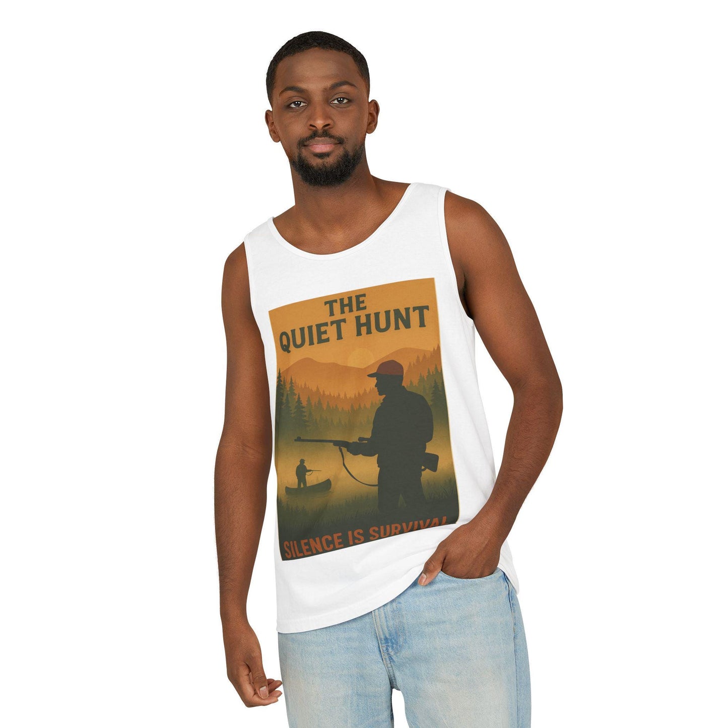 Quiet Hunt Mens Graphic Tee Unisex War Time Tank Top, Garment-Dyed, Casual Military Style Shirt
